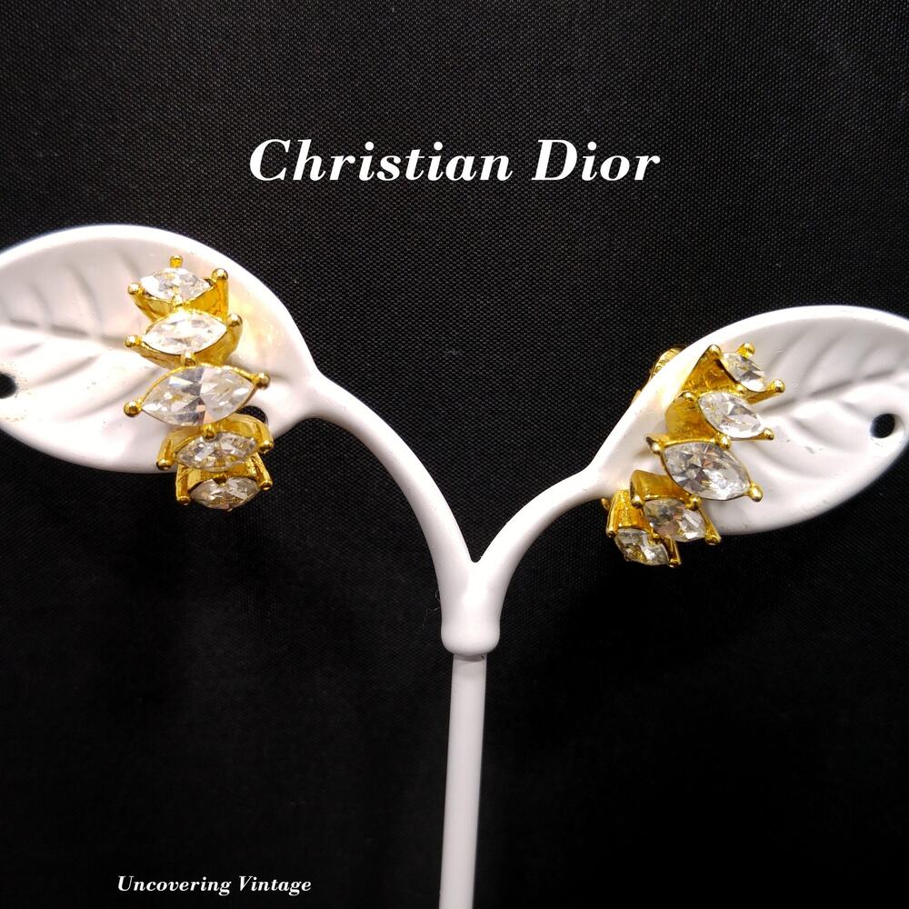 Christian Dior Half Hoop Marquise Cut Rhinestone Clip Earrings, 1970s Vintage